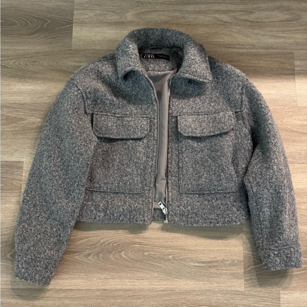 Zara Gray Teddy Jacket Cozy Cropped Style